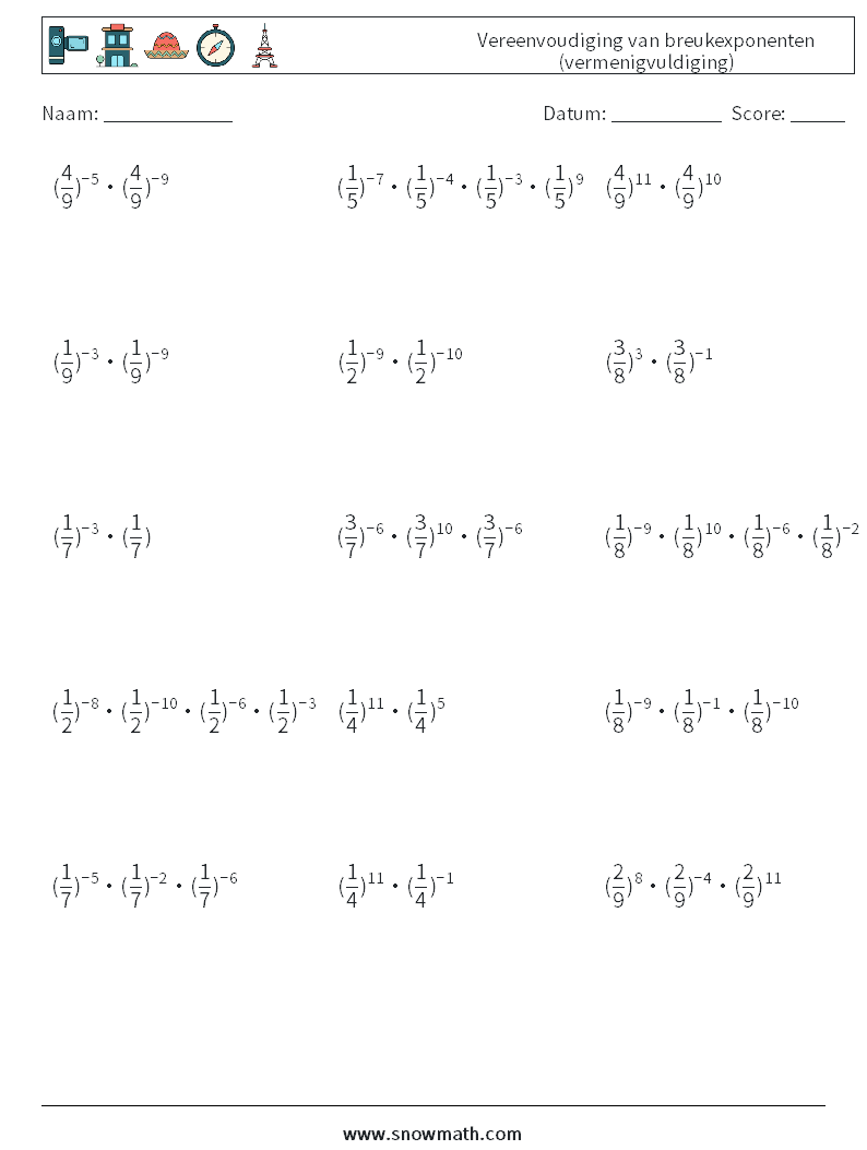 Vereenvoudiging van breukexponenten (vermenigvuldiging) Wiskundige werkbladen 5