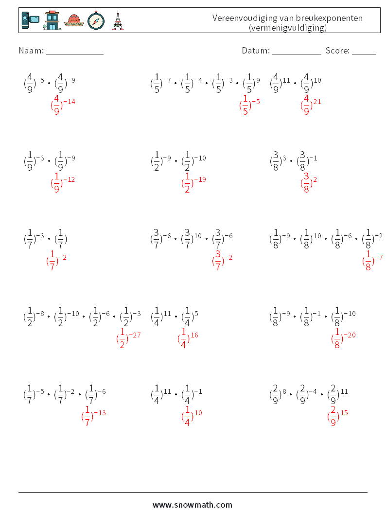 Vereenvoudiging van breukexponenten (vermenigvuldiging) Wiskundige werkbladen 5 Vraag, Antwoord