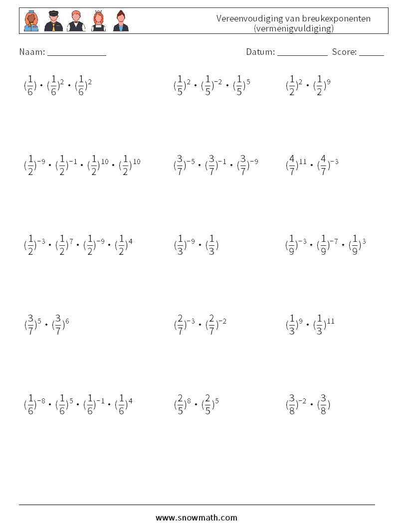 Vereenvoudiging van breukexponenten (vermenigvuldiging) Wiskundige werkbladen 6