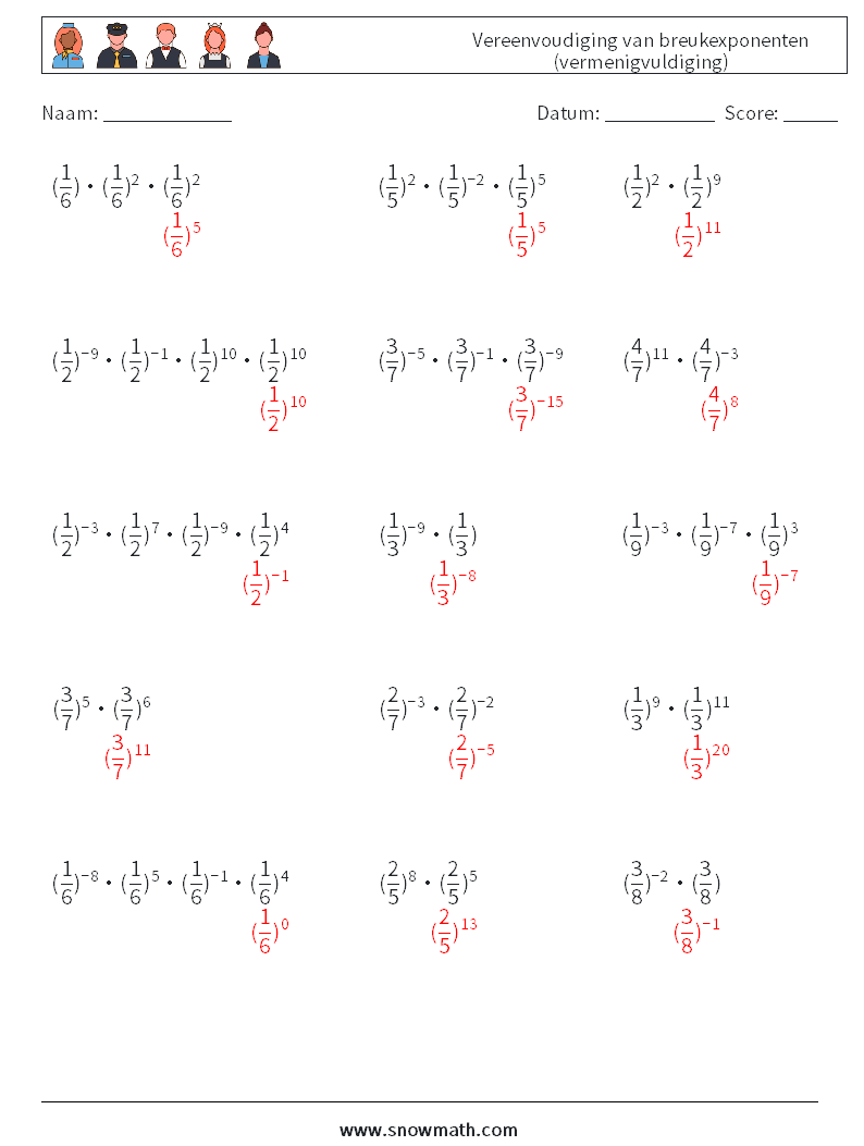 Vereenvoudiging van breukexponenten (vermenigvuldiging) Wiskundige werkbladen 6 Vraag, Antwoord