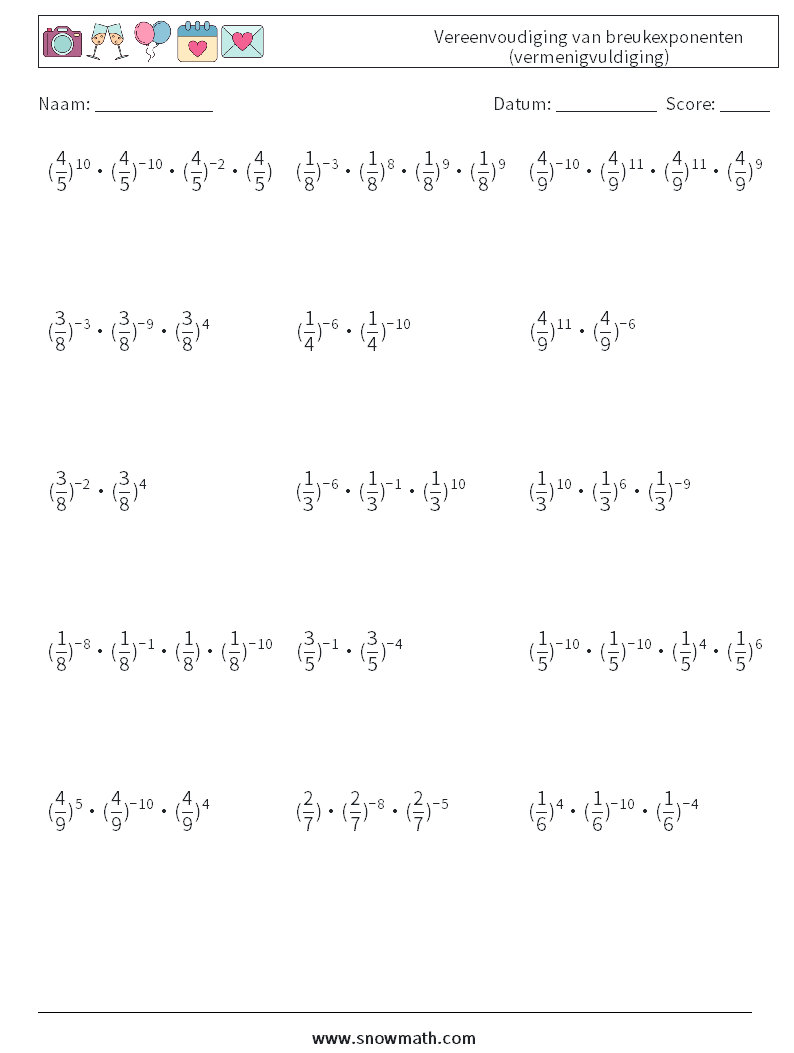 Vereenvoudiging van breukexponenten (vermenigvuldiging) Wiskundige werkbladen 7