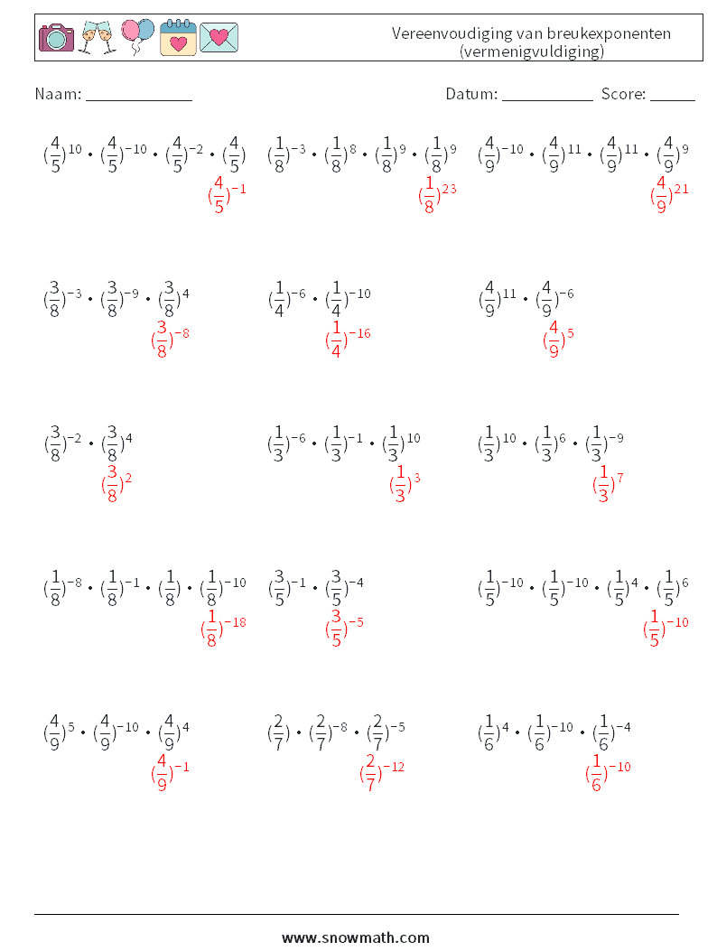 Vereenvoudiging van breukexponenten (vermenigvuldiging) Wiskundige werkbladen 7 Vraag, Antwoord