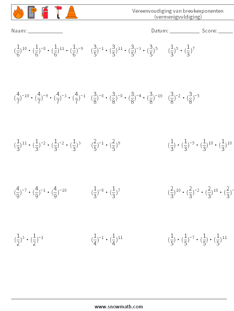 Vereenvoudiging van breukexponenten (vermenigvuldiging) Wiskundige werkbladen 8