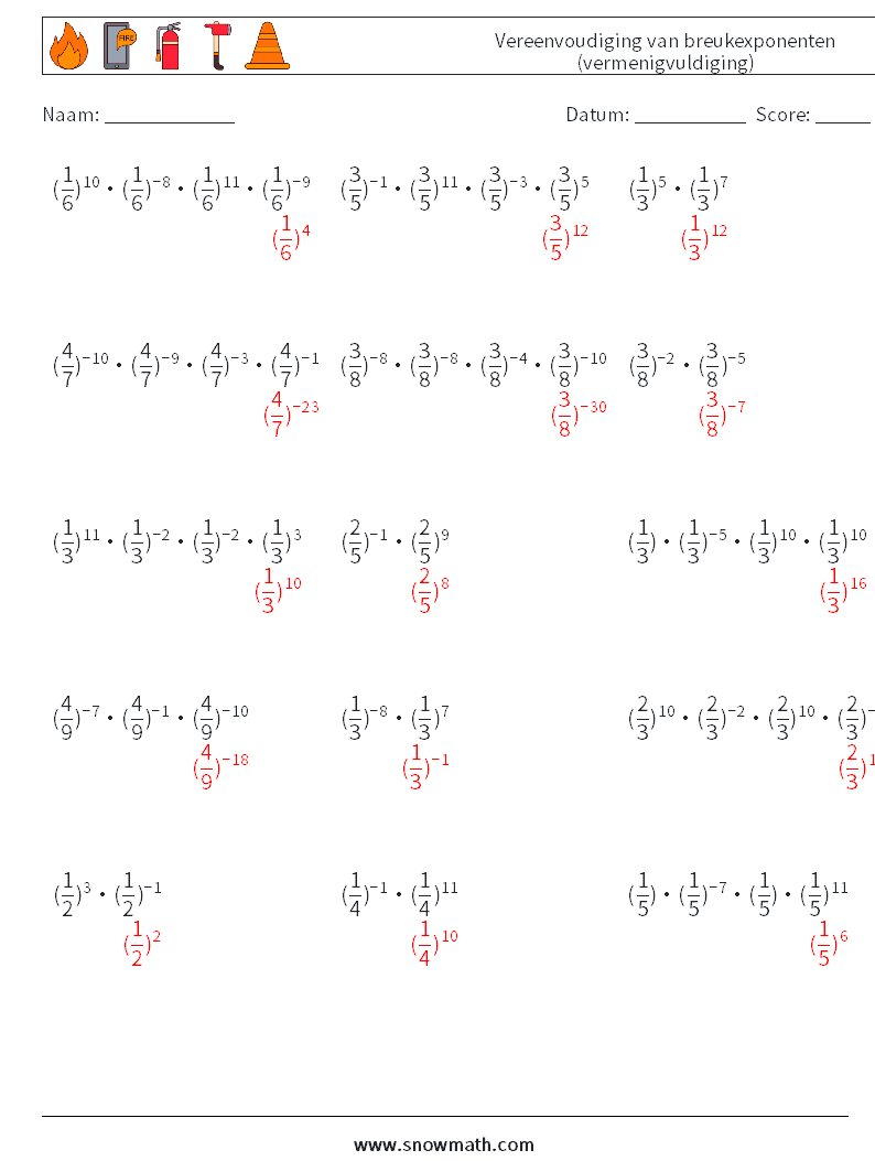 Vereenvoudiging van breukexponenten (vermenigvuldiging) Wiskundige werkbladen 8 Vraag, Antwoord