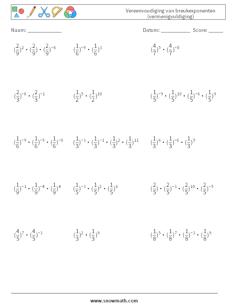 Vereenvoudiging van breukexponenten (vermenigvuldiging) Wiskundige werkbladen 9