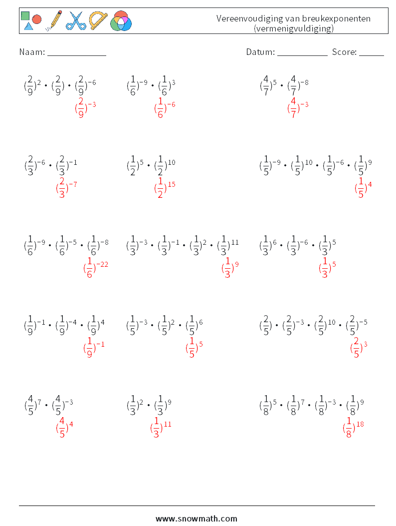 Vereenvoudiging van breukexponenten (vermenigvuldiging) Wiskundige werkbladen 9 Vraag, Antwoord