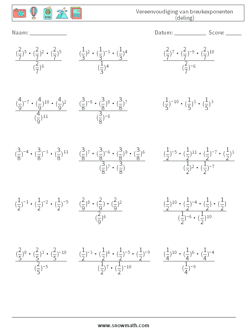 Vereenvoudiging van breukexponenten (deling) Wiskundige werkbladen 1