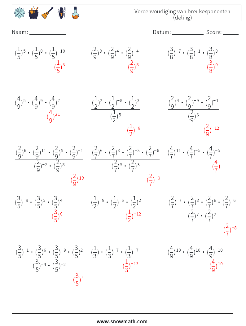 Vereenvoudiging van breukexponenten (deling) Wiskundige werkbladen 2 Vraag, Antwoord