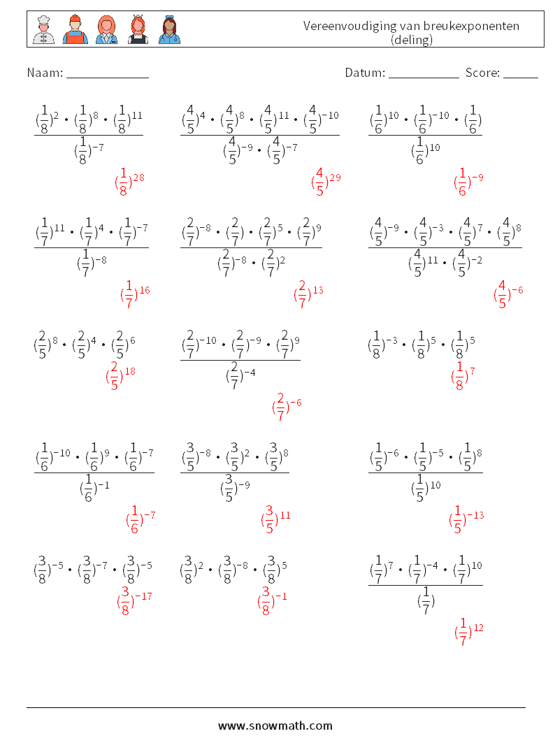 Vereenvoudiging van breukexponenten (deling) Wiskundige werkbladen 3 Vraag, Antwoord