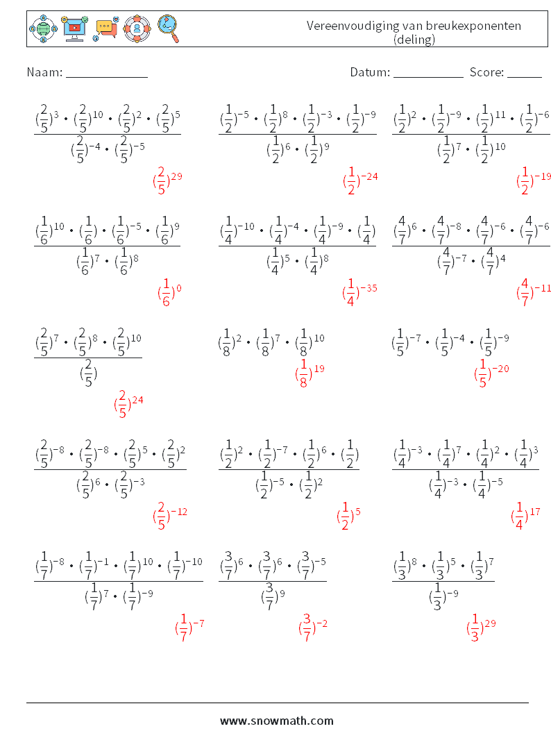 Vereenvoudiging van breukexponenten (deling) Wiskundige werkbladen 4 Vraag, Antwoord