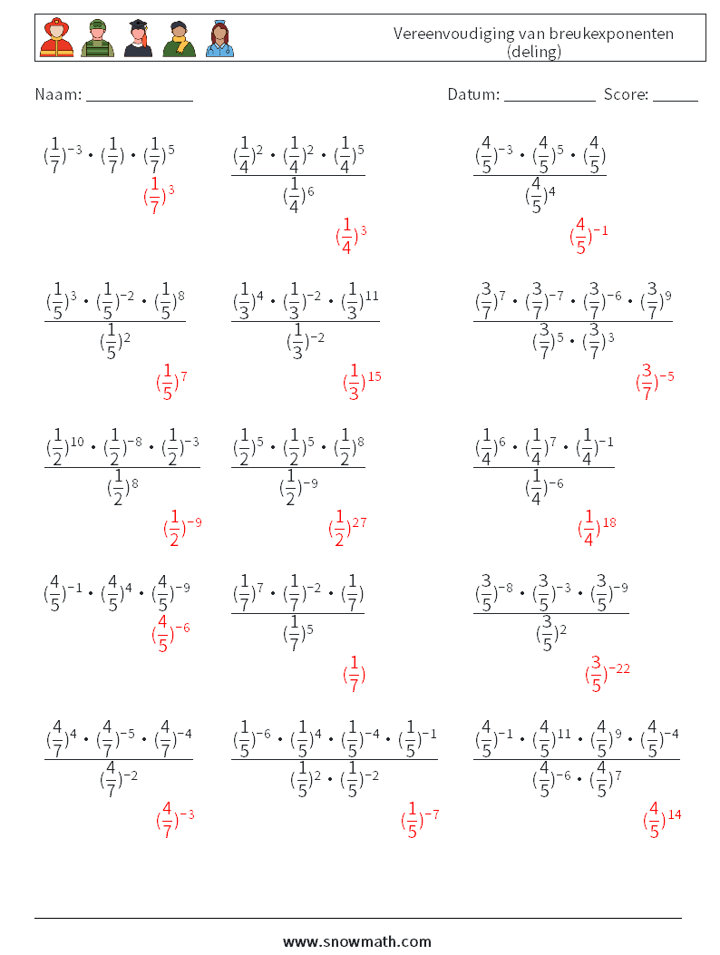 Vereenvoudiging van breukexponenten (deling) Wiskundige werkbladen 5 Vraag, Antwoord