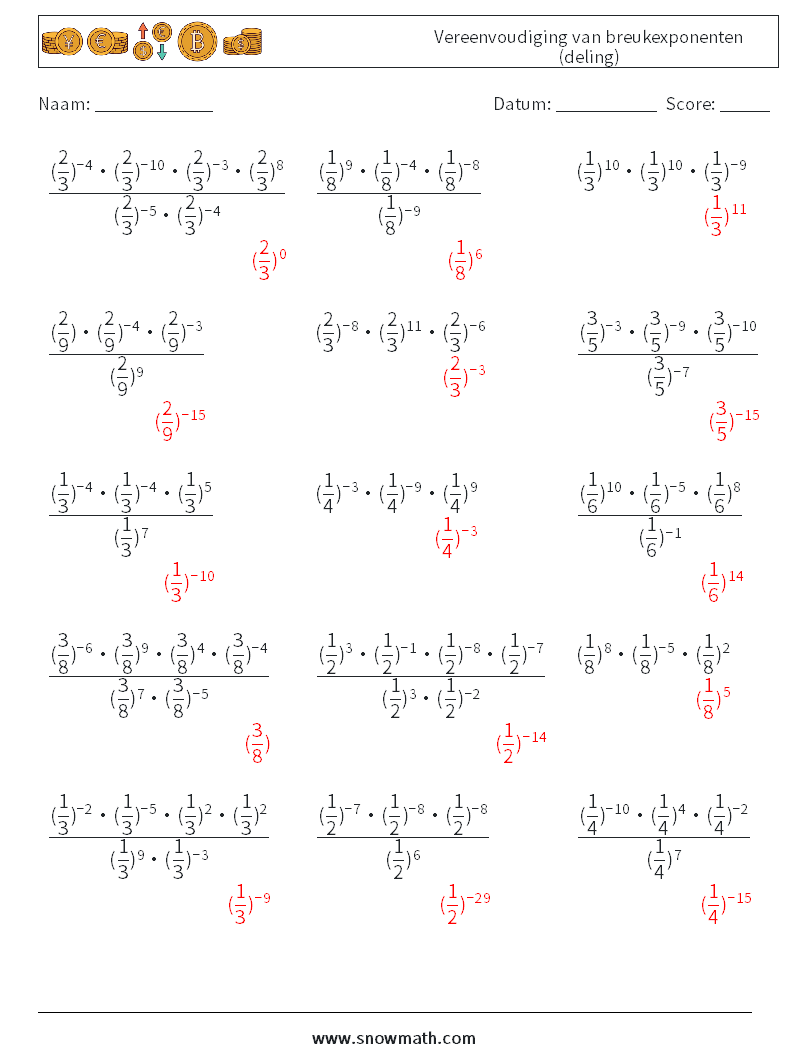 Vereenvoudiging van breukexponenten (deling) Wiskundige werkbladen 6 Vraag, Antwoord