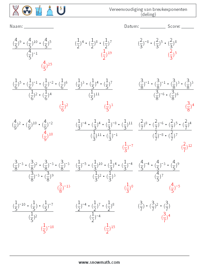 Vereenvoudiging van breukexponenten (deling) Wiskundige werkbladen 8 Vraag, Antwoord