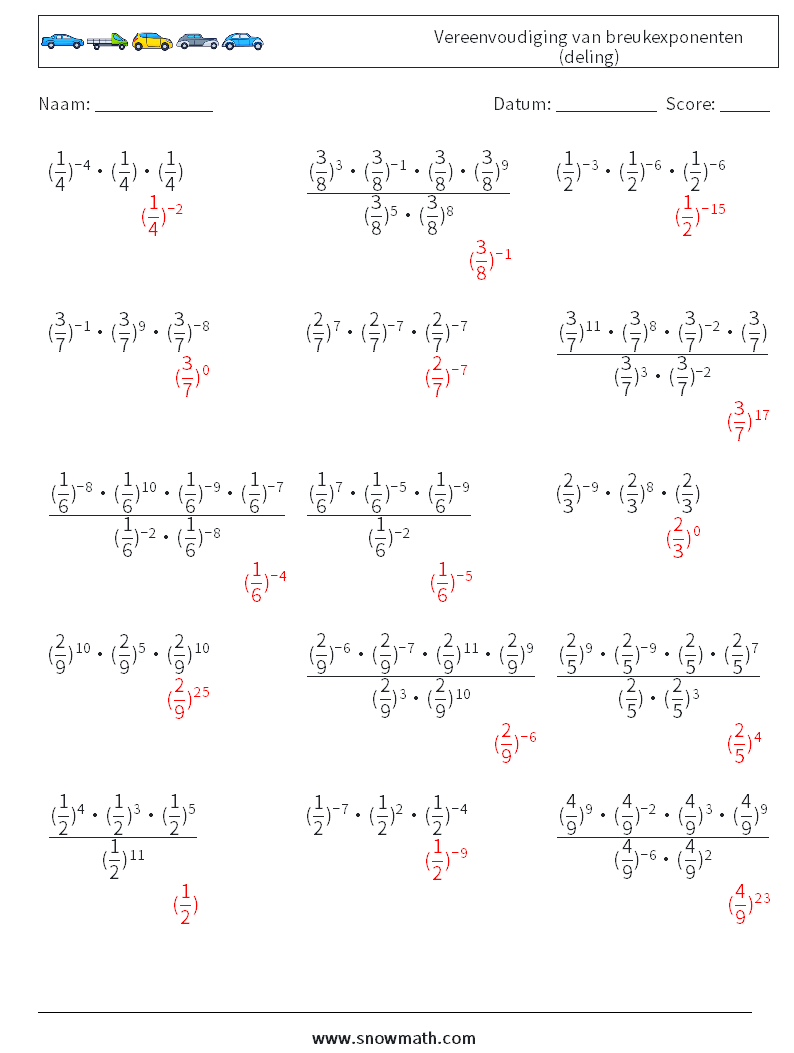 Vereenvoudiging van breukexponenten (deling) Wiskundige werkbladen 9 Vraag, Antwoord