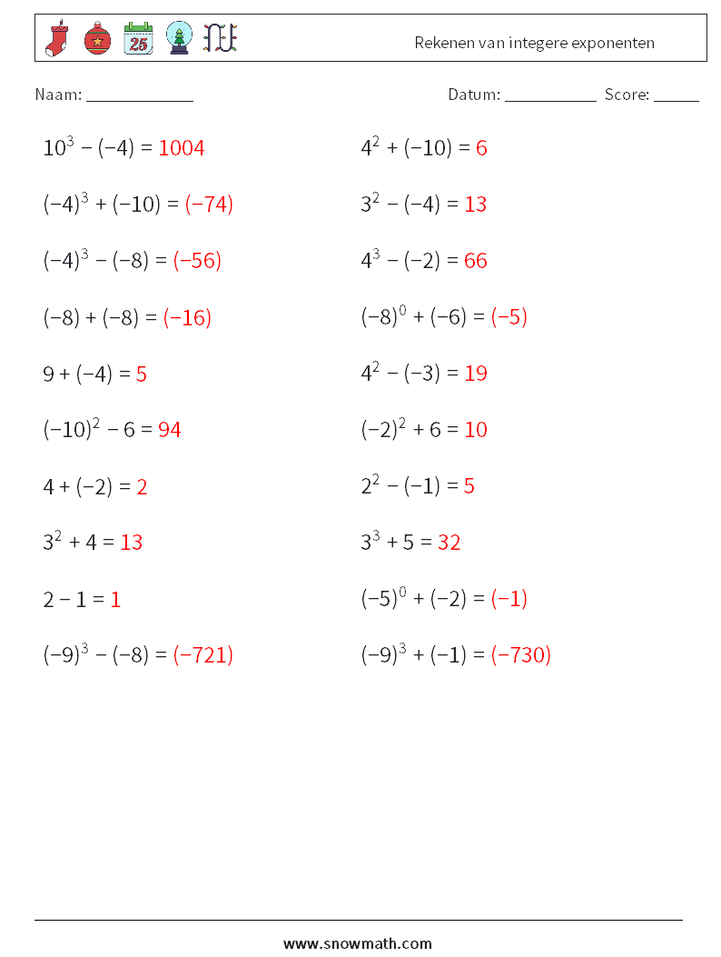Rekenen van integere exponenten Wiskundige werkbladen 1 Vraag, Antwoord