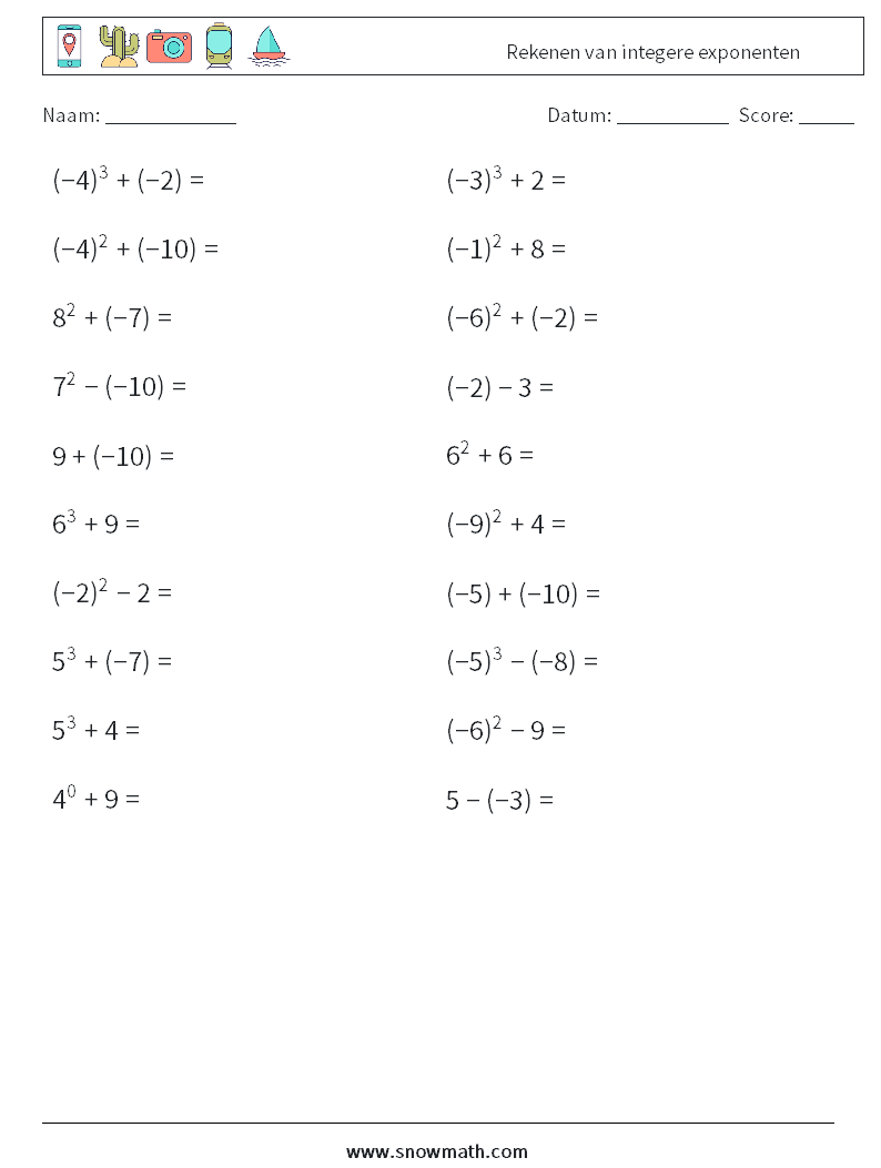 Rekenen van integere exponenten Wiskundige werkbladen 2