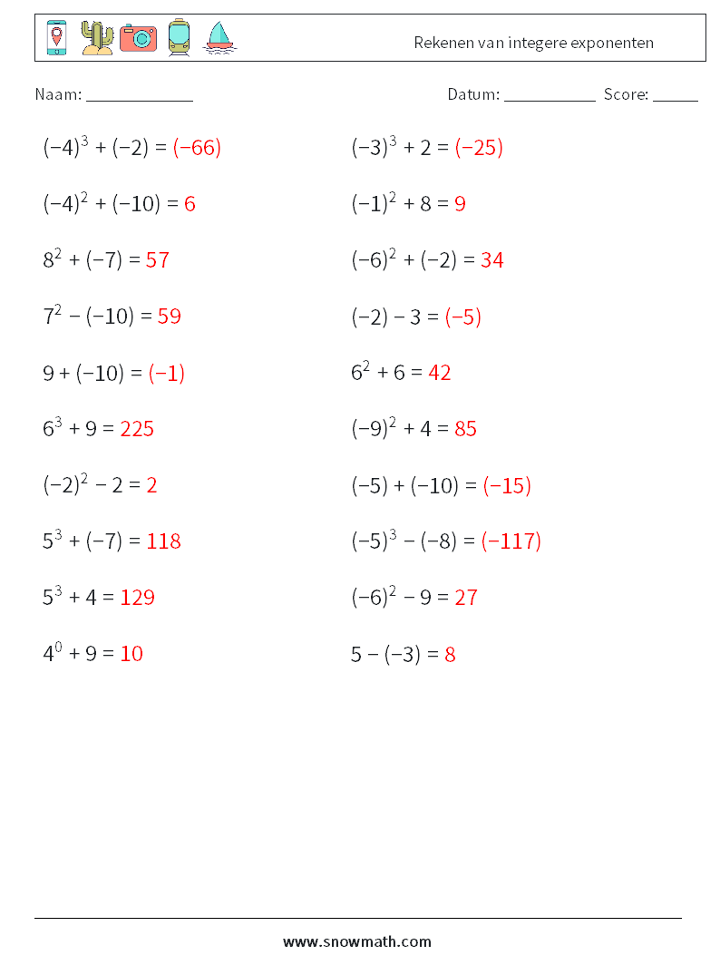 Rekenen van integere exponenten Wiskundige werkbladen 2 Vraag, Antwoord
