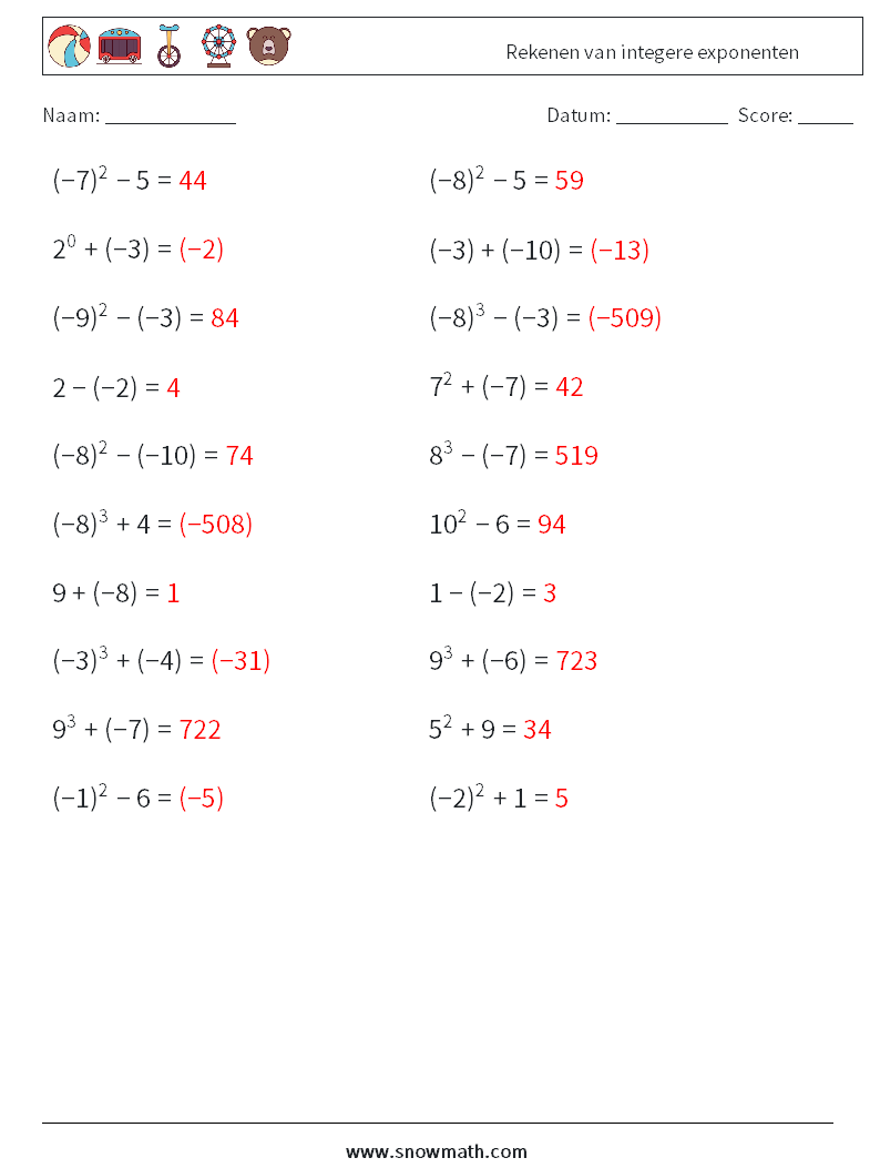 Rekenen van integere exponenten Wiskundige werkbladen 5 Vraag, Antwoord