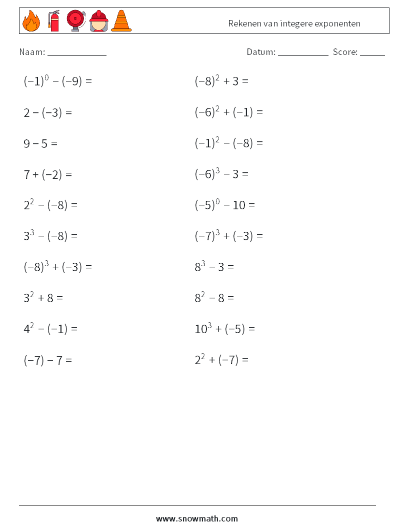 Rekenen van integere exponenten Wiskundige werkbladen 6