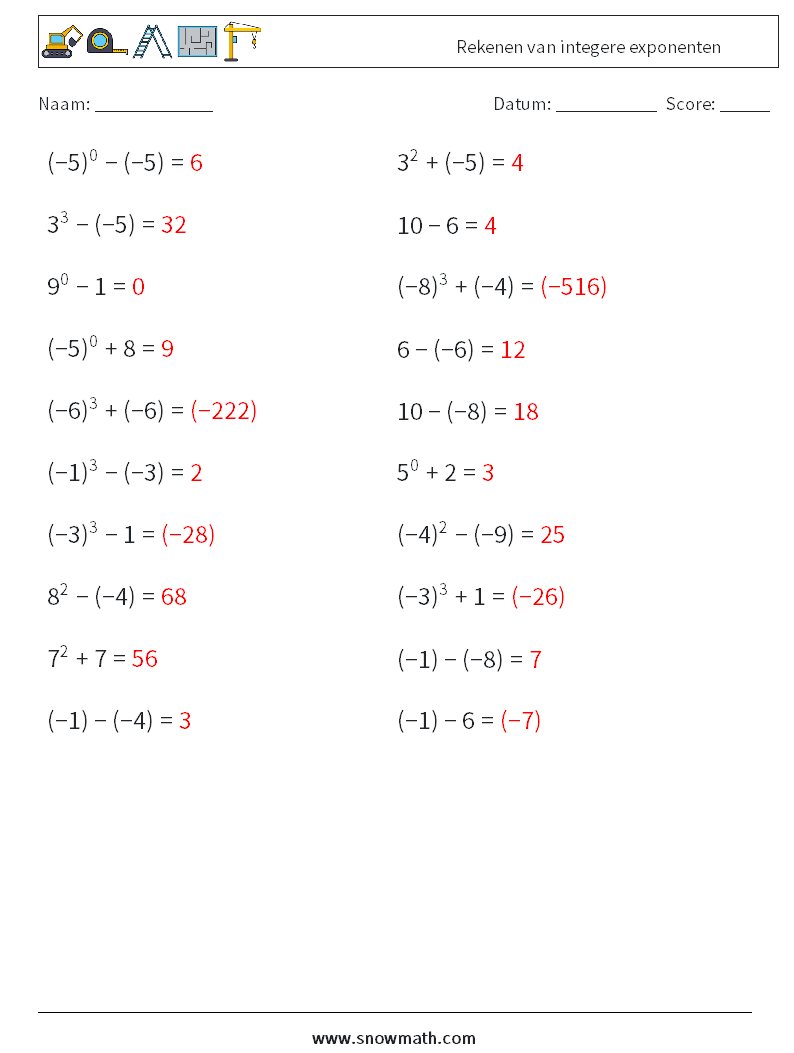 Rekenen van integere exponenten Wiskundige werkbladen 7 Vraag, Antwoord