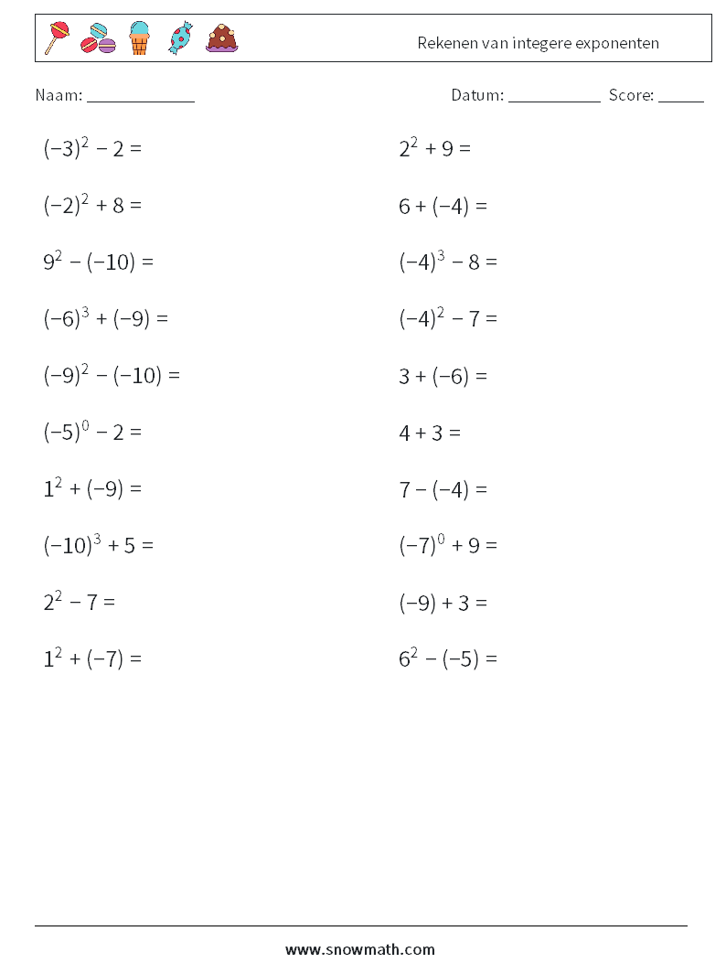Rekenen van integere exponenten Wiskundige werkbladen 8
