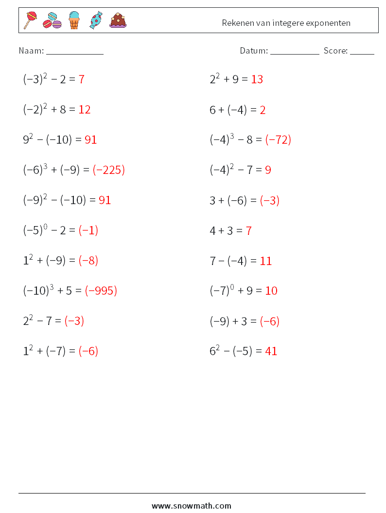 Rekenen van integere exponenten Wiskundige werkbladen 8 Vraag, Antwoord