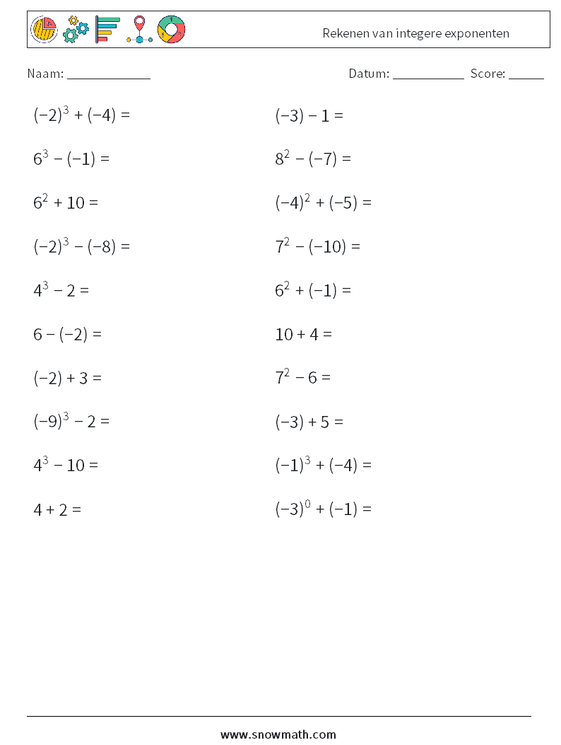 Rekenen van integere exponenten Wiskundige werkbladen 9