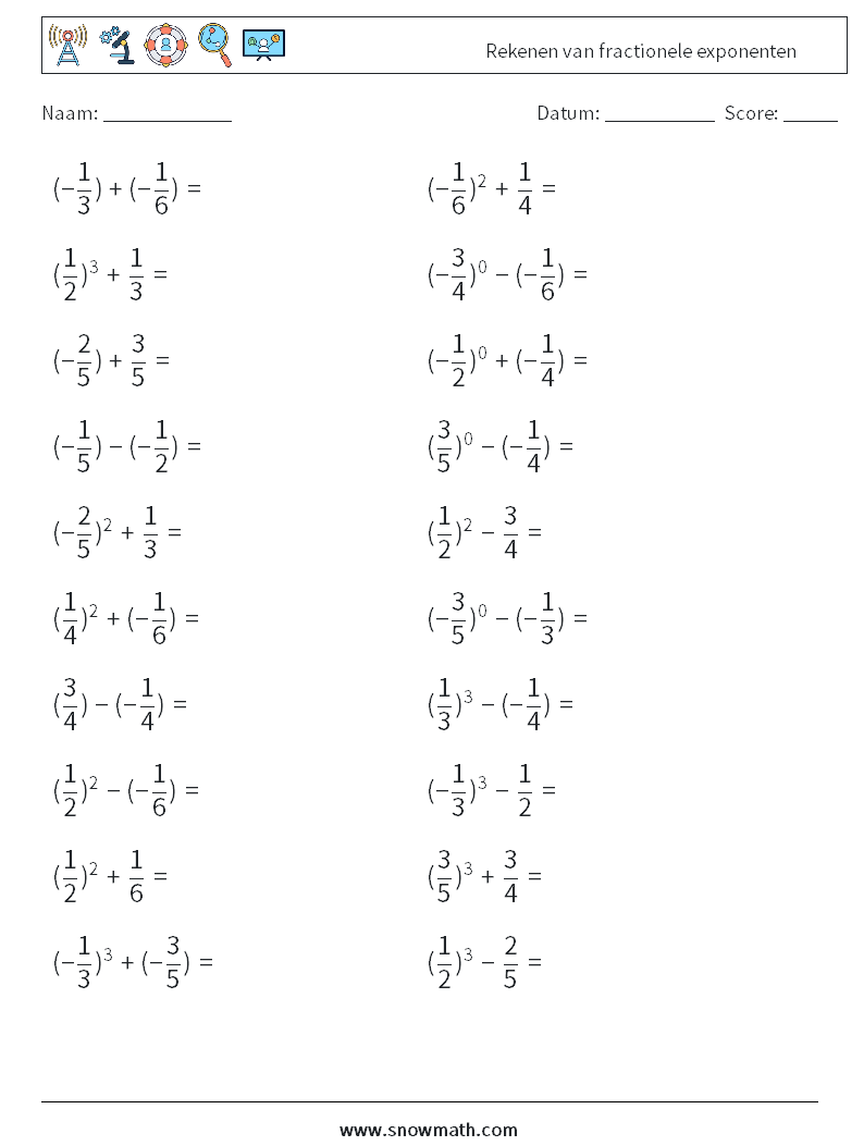 Rekenen van fractionele exponenten Wiskundige werkbladen 1