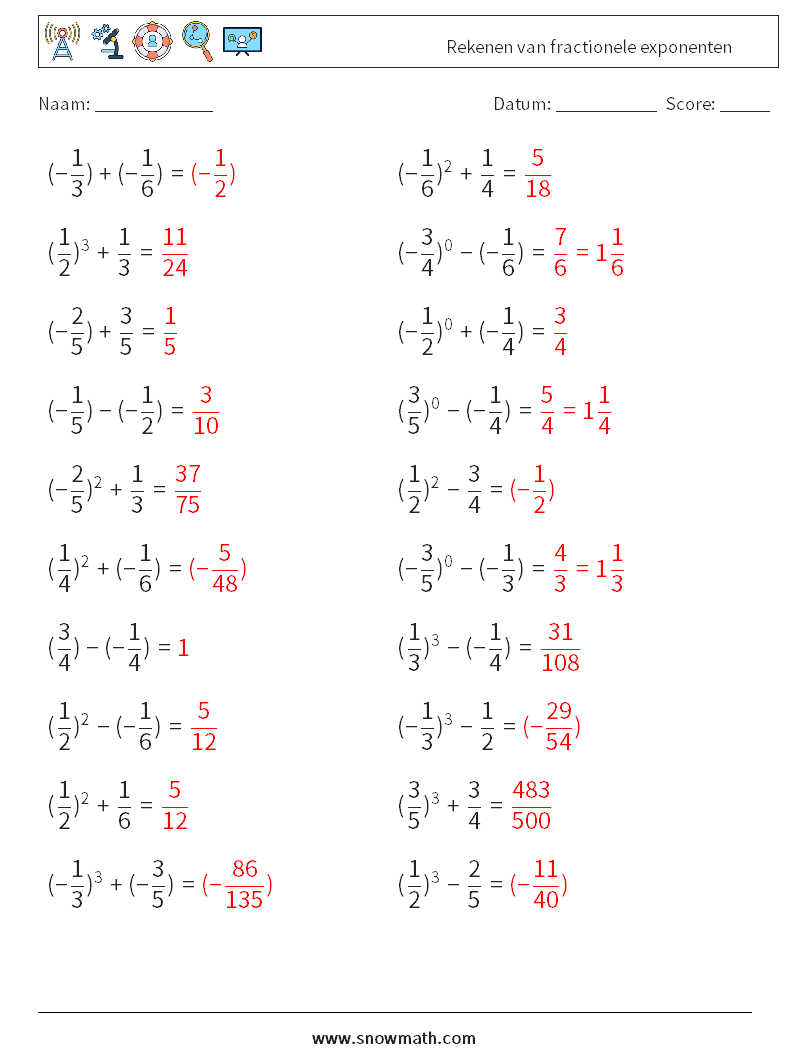 Rekenen van fractionele exponenten Wiskundige werkbladen 1 Vraag, Antwoord