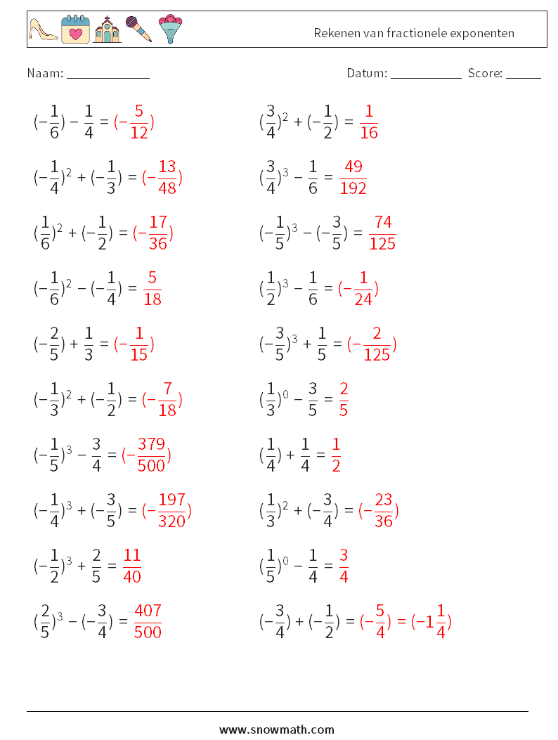 Rekenen van fractionele exponenten Wiskundige werkbladen 2 Vraag, Antwoord