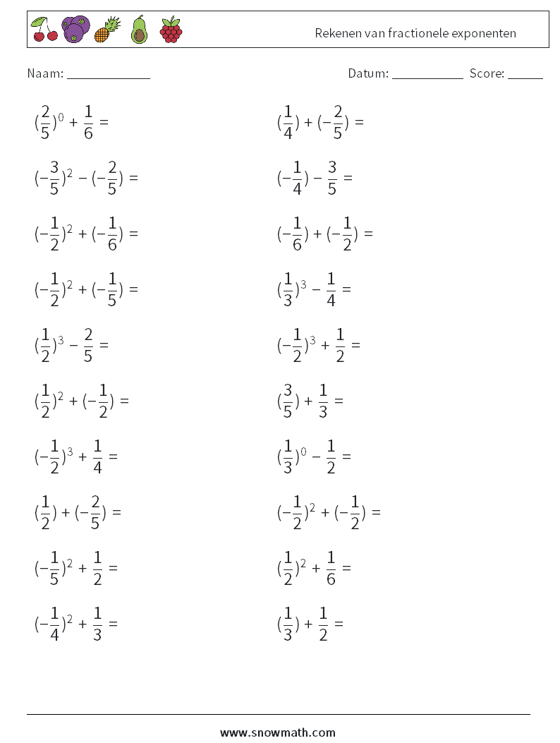 Rekenen van fractionele exponenten Wiskundige werkbladen 3