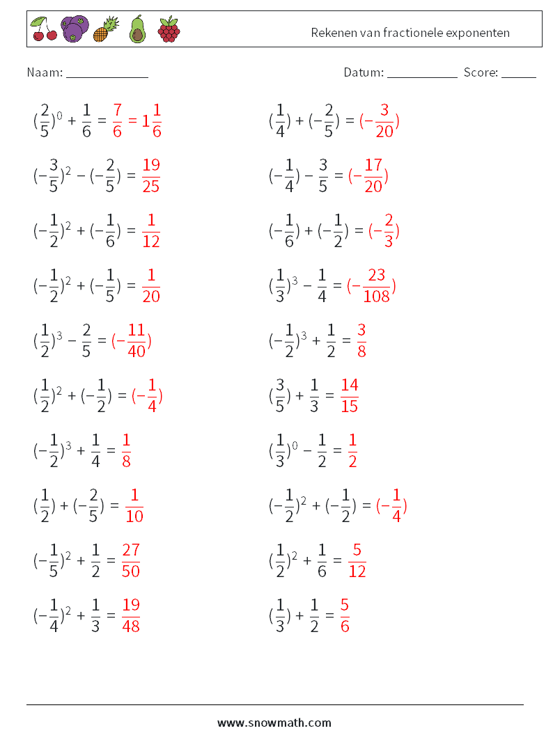 Rekenen van fractionele exponenten Wiskundige werkbladen 3 Vraag, Antwoord