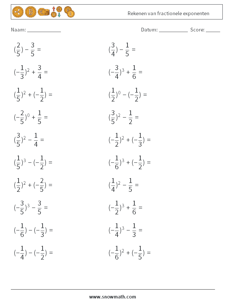 Rekenen van fractionele exponenten Wiskundige werkbladen 5