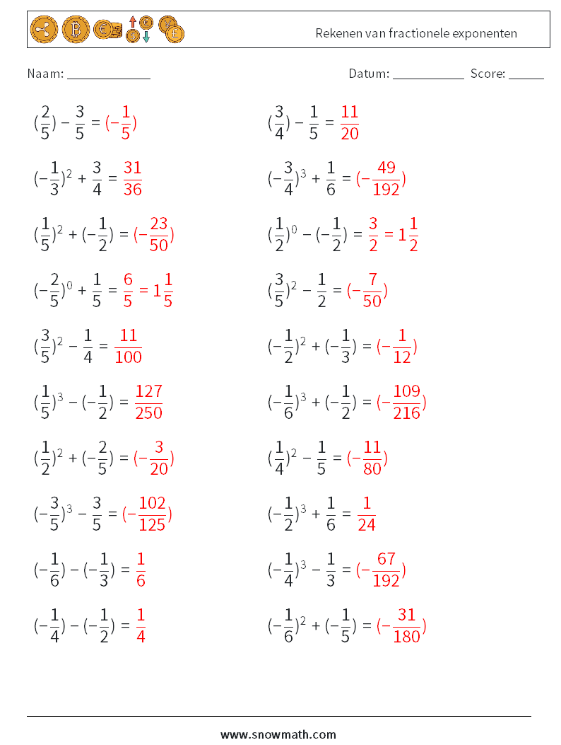 Rekenen van fractionele exponenten Wiskundige werkbladen 5 Vraag, Antwoord
