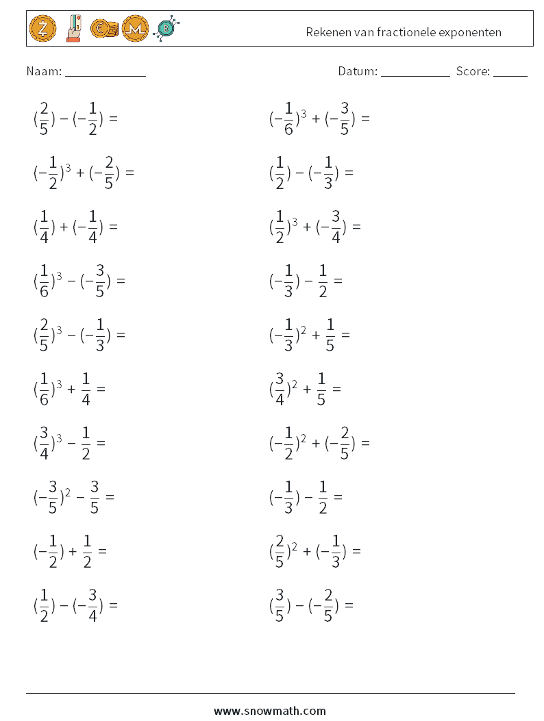 Rekenen van fractionele exponenten Wiskundige werkbladen 6