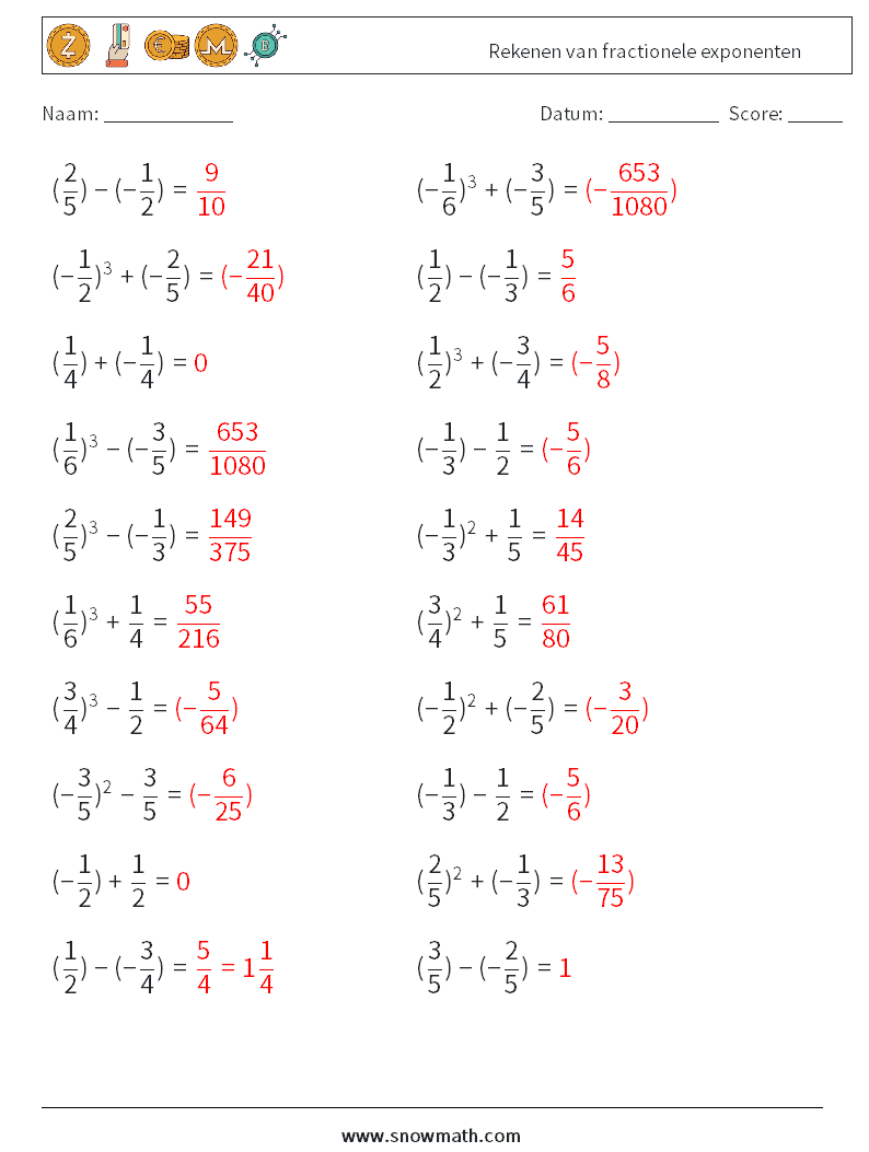 Rekenen van fractionele exponenten Wiskundige werkbladen 6 Vraag, Antwoord