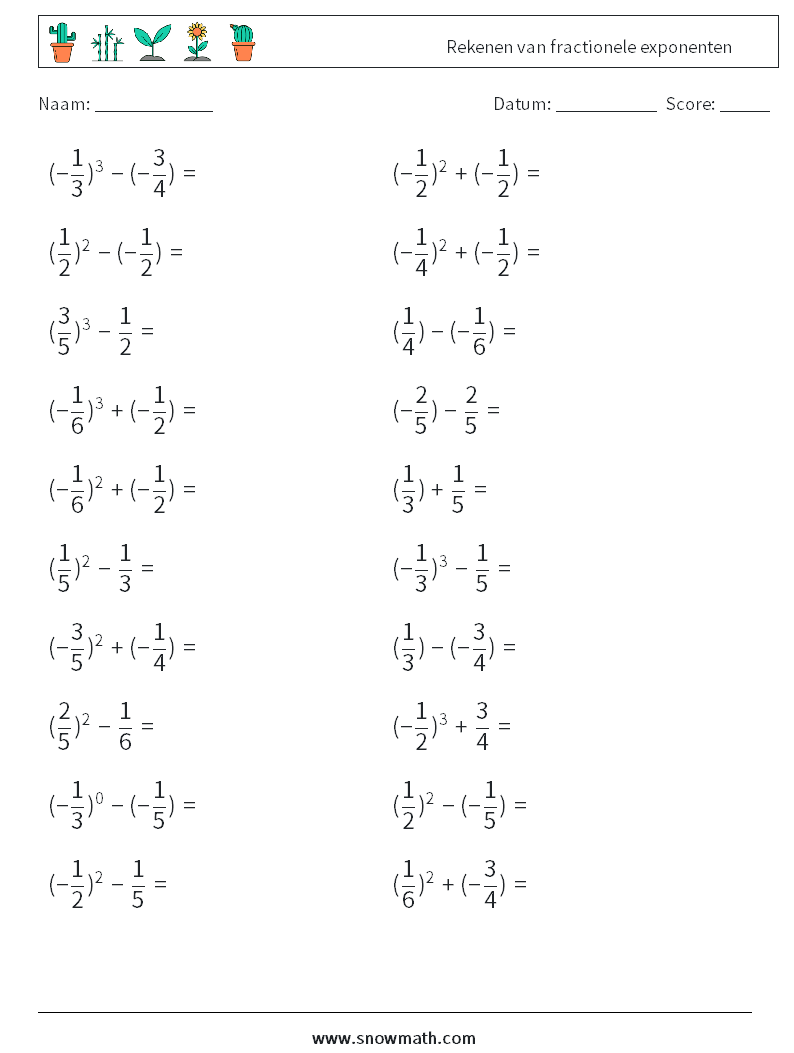 Rekenen van fractionele exponenten Wiskundige werkbladen 7