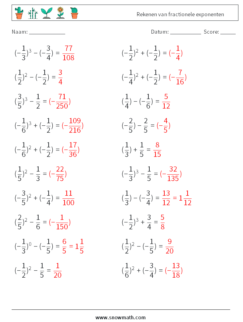 Rekenen van fractionele exponenten Wiskundige werkbladen 7 Vraag, Antwoord