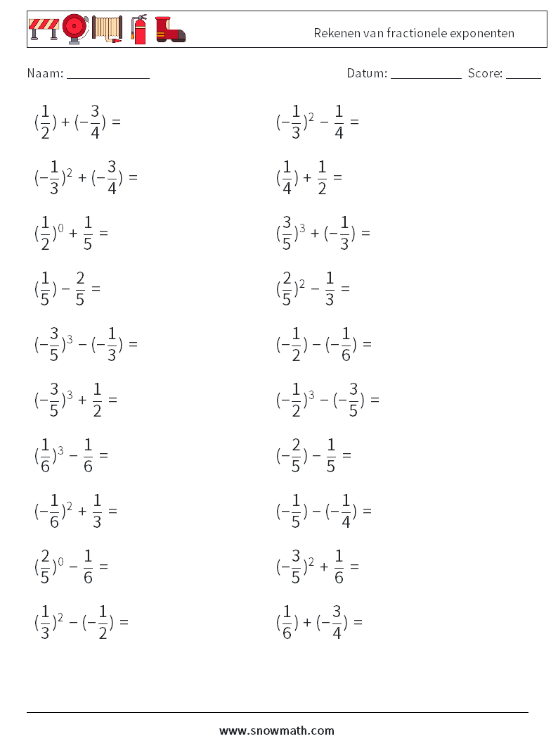 Rekenen van fractionele exponenten Wiskundige werkbladen 8