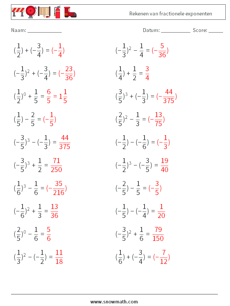 Rekenen van fractionele exponenten Wiskundige werkbladen 8 Vraag, Antwoord