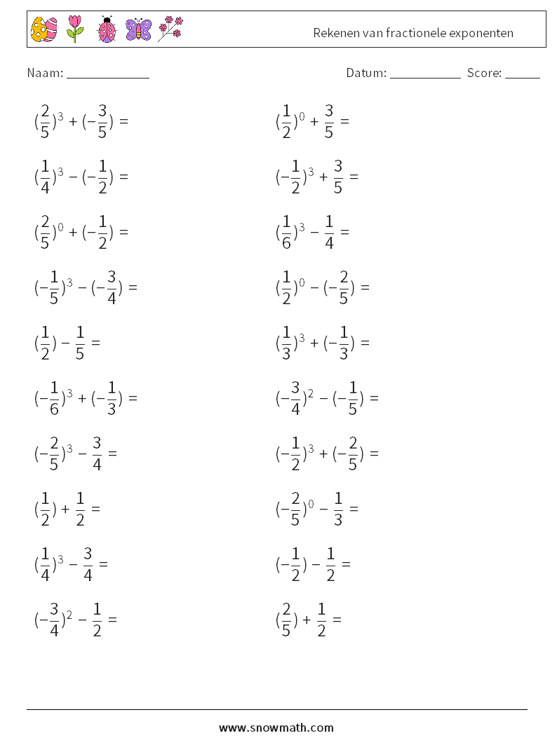 Rekenen van fractionele exponenten Wiskundige werkbladen 9