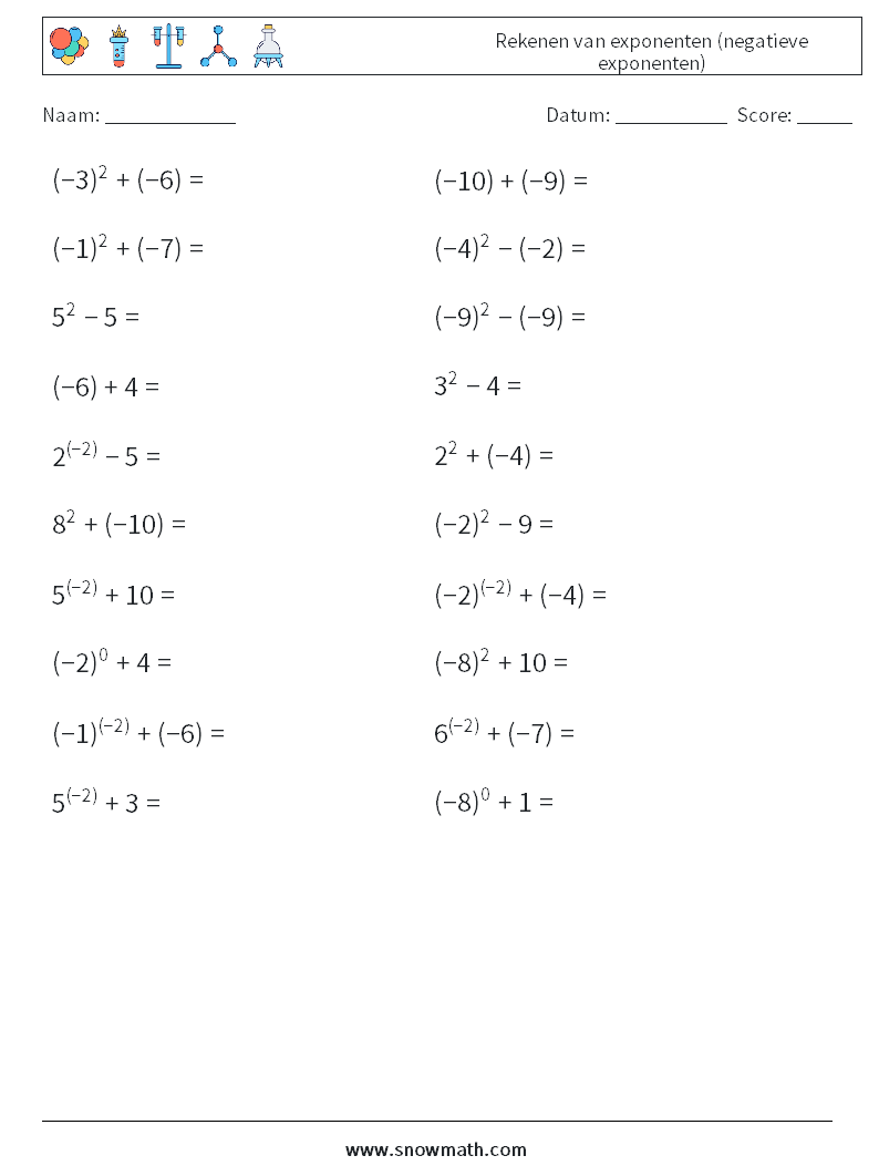  Rekenen van exponenten (negatieve exponenten) Wiskundige werkbladen 1