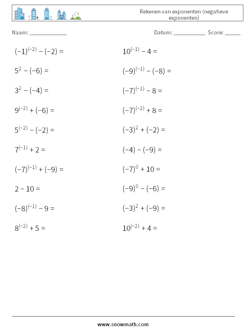  Rekenen van exponenten (negatieve exponenten) Wiskundige werkbladen 2