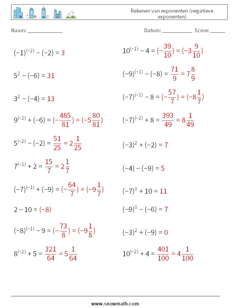  Rekenen van exponenten (negatieve exponenten) Wiskundige werkbladen 2 Vraag, Antwoord