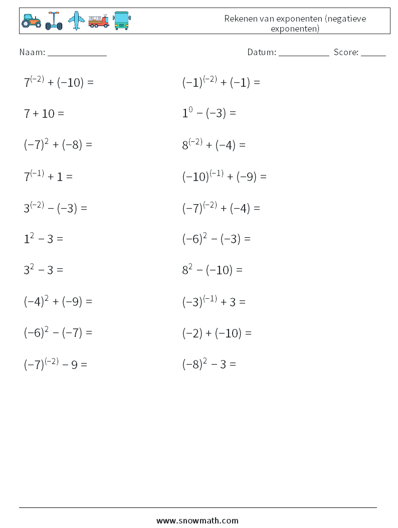  Rekenen van exponenten (negatieve exponenten) Wiskundige werkbladen 3