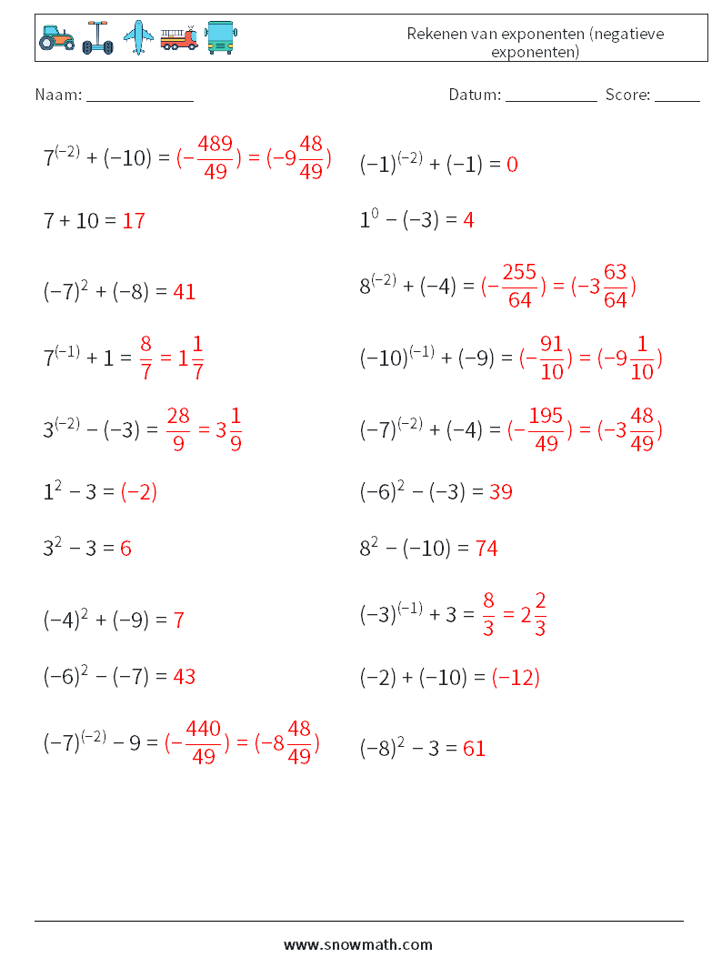  Rekenen van exponenten (negatieve exponenten) Wiskundige werkbladen 3 Vraag, Antwoord