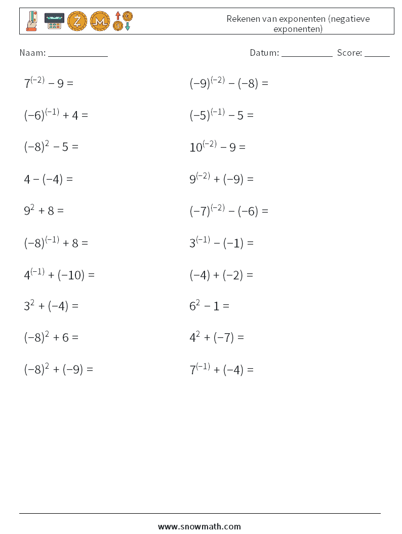  Rekenen van exponenten (negatieve exponenten) Wiskundige werkbladen 4