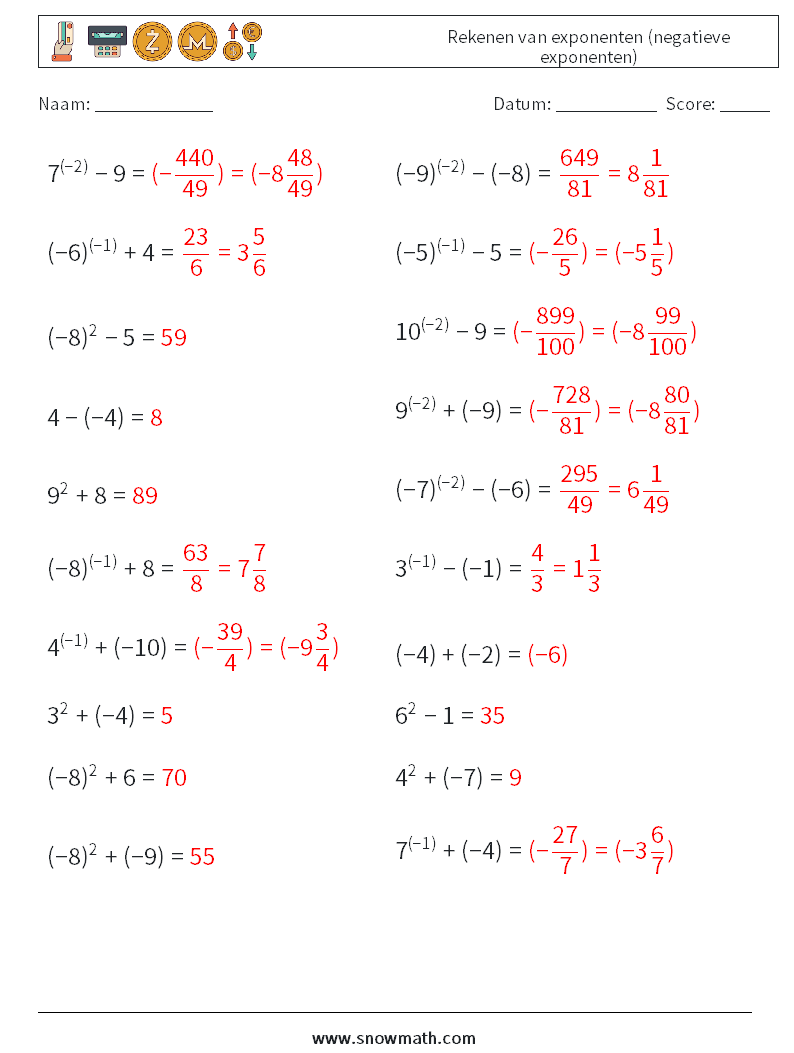  Rekenen van exponenten (negatieve exponenten) Wiskundige werkbladen 4 Vraag, Antwoord
