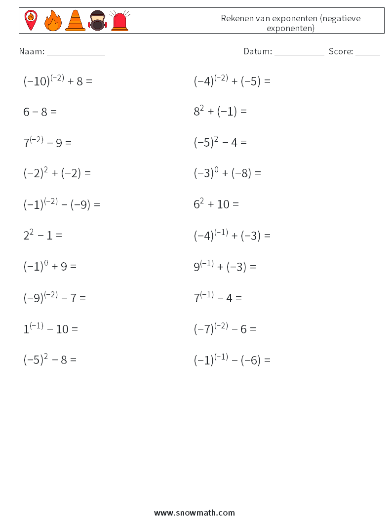  Rekenen van exponenten (negatieve exponenten) Wiskundige werkbladen 5