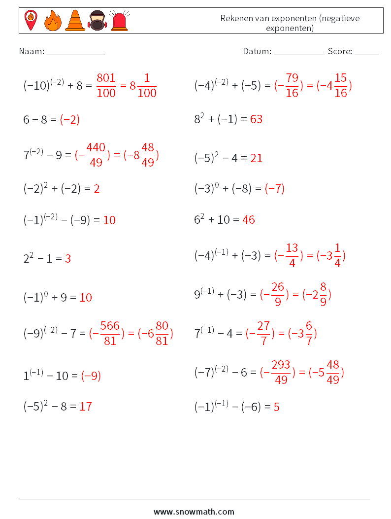 Rekenen van exponenten (negatieve exponenten) Wiskundige werkbladen 5 Vraag, Antwoord